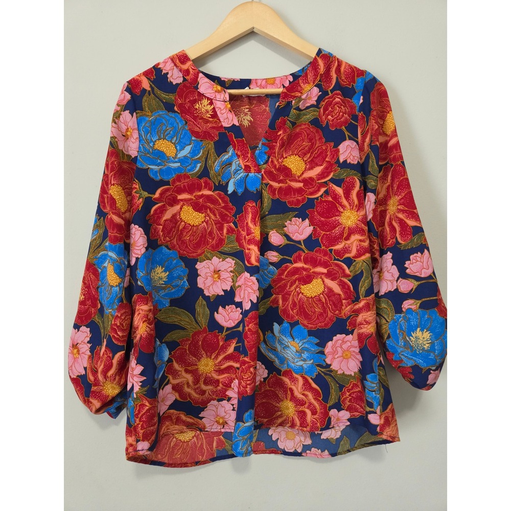 Emily Wonder Womens Floral V-Neck Blouse‎ Navy Red Pink 3/4 Sleeve Top Small